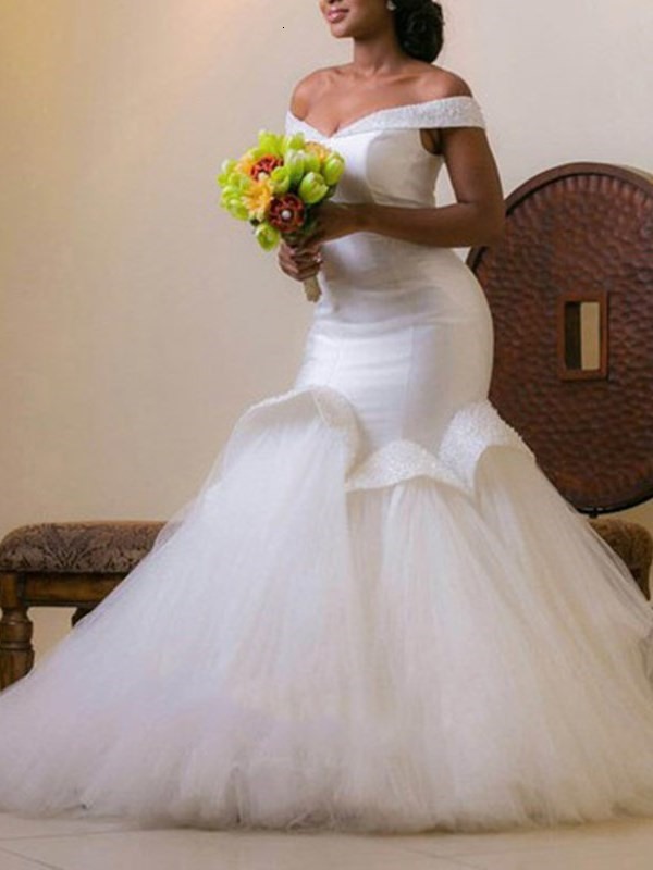 

New 2021 Modest Princess Off Shoulder Beading Es African Bridal Gowns Wedding Plus Size Vestidos De Noiva Jj18, White