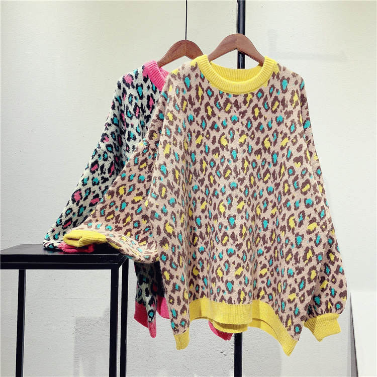 

2021 Women Neck Blow the Shirt Sleeve Hot Leopard Sweater Print Winter Pullovers Pull Femme V77a, Yellow