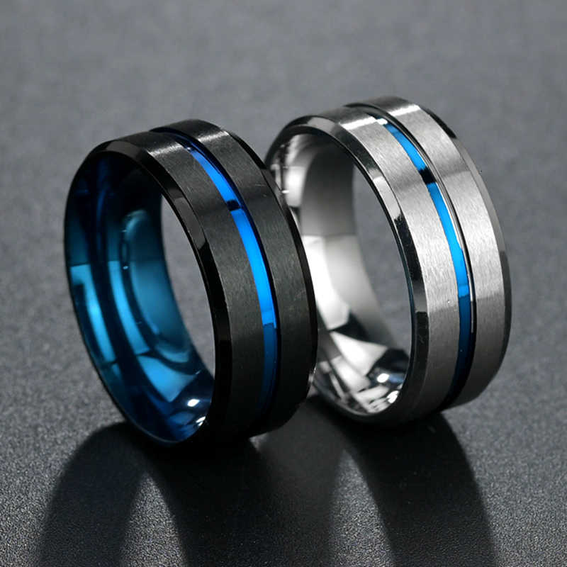 

8mm Casual Black Men Ring Blue Line Stainless Steel Male Wedding Band Comfort Wear Gentlemen Jewelry