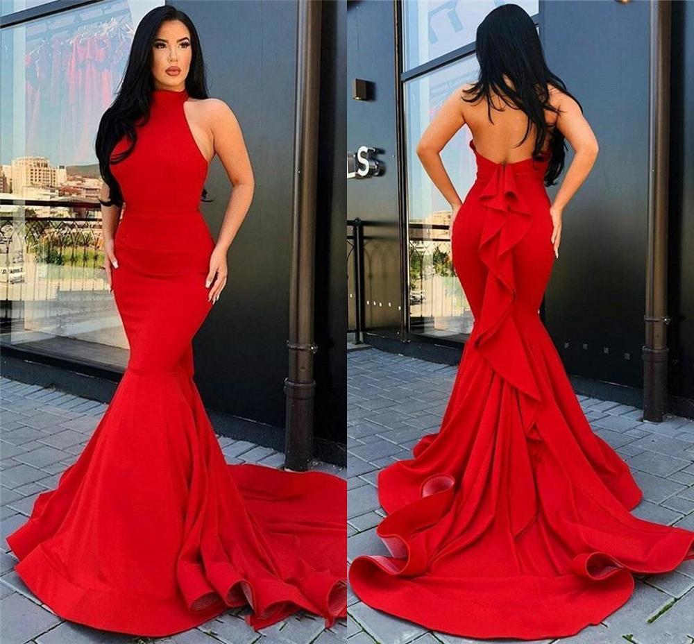 

2021 New Vestidos De Noiva Red Satin Mermaid Prom Es Backless Ruffles Long Formal Party Evening Celebrity Gowns Dpdp