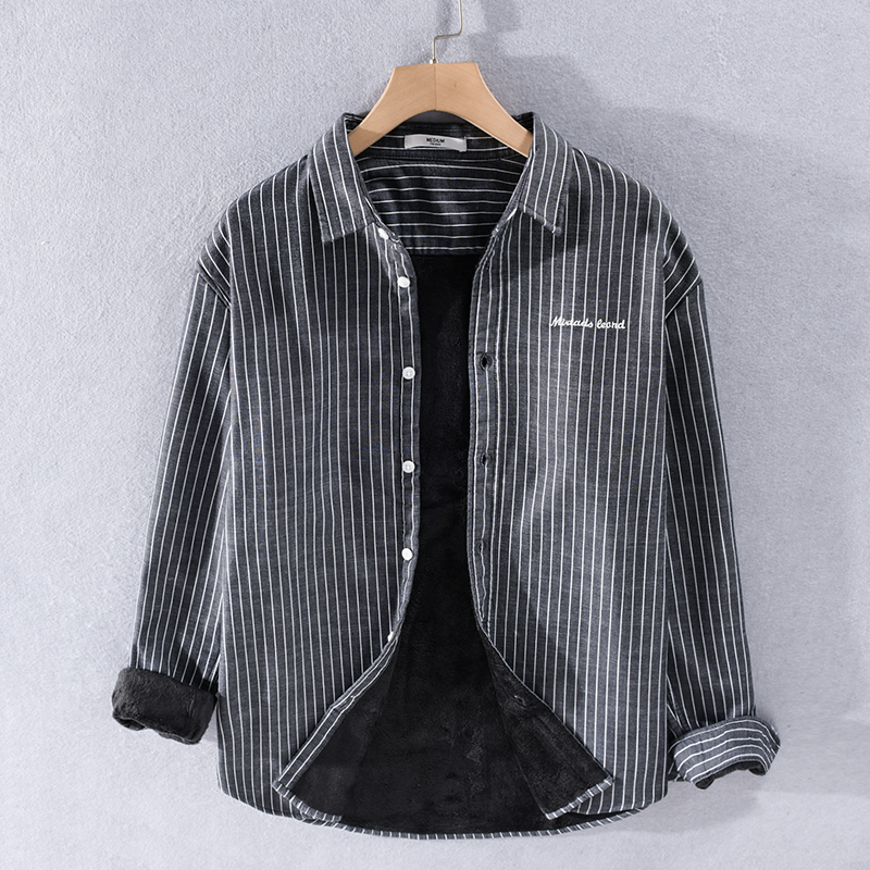 

2021 New Plus Veet Autumn and Winter Warm Shirt Casual Striped Thicken for Men Comfortable Trendy Shirts Male Chemise Camisa N6wn, Black