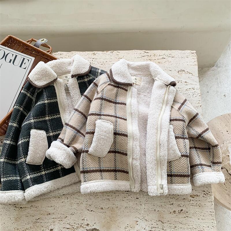 

Jackets 2022 Children's Fleece Jacket Toddler Boys Winter Plaid Coat Girls Warm Korean Clothing Baby Duffy Clothes, Blue;gray
