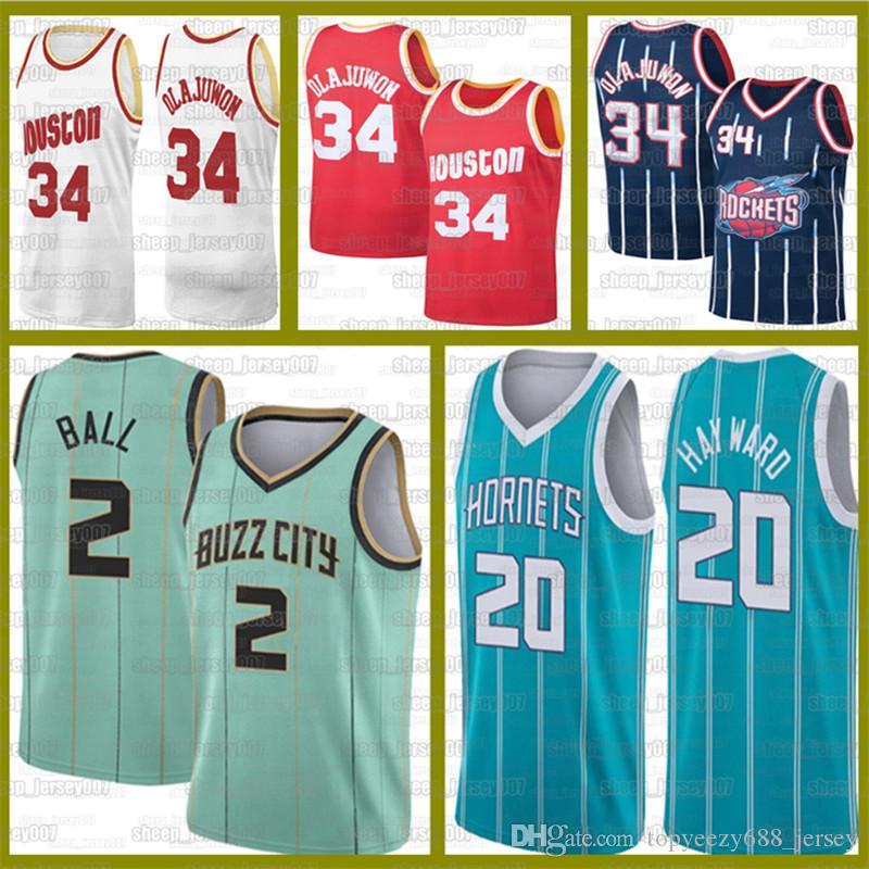 

New Gordon 20 Hayward John 1 Wall Basketball Hakeem 34 Olajuwon Rockets Charlotte Hornets Jerseys LaMelo 2 Ball Basketball, Black;red
