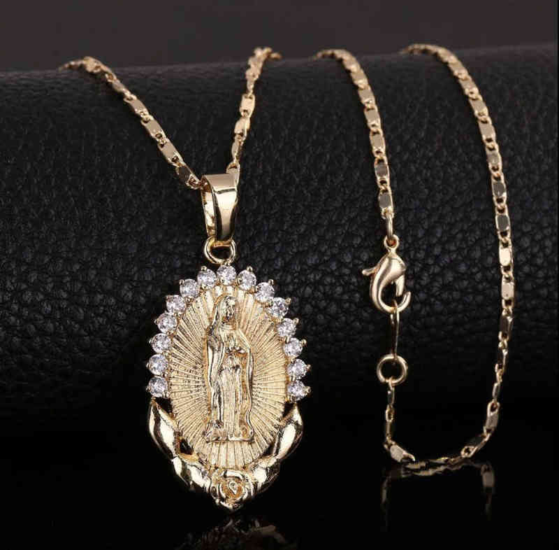 

Holy Virgin Mary Pendant Necklace Religion Dainty Golden Christian Cubic Zircon Necklace Women Collier Femme Christian Jewelry G1206