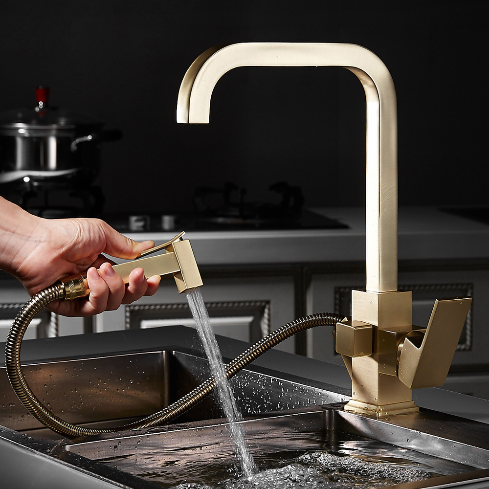 

2021 New Faucet Hand Shower Head Brushed Gold Hot & Cold Kitchen Tap with Spray Gun Rotating Sink Mixer 7ci0