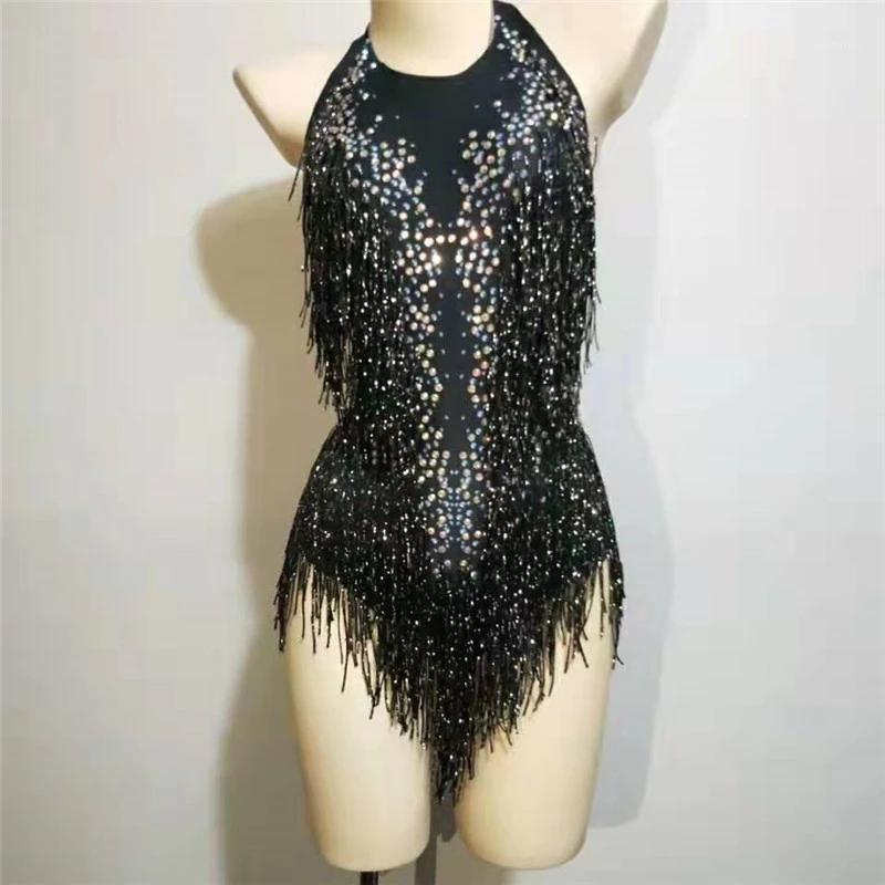 

Party Decoration Sexy Tassel Spandex Rhinestone Bodysuit Women's Performance Leotard Dance Clothing Singer Fringes Design Jumpsuit Costume