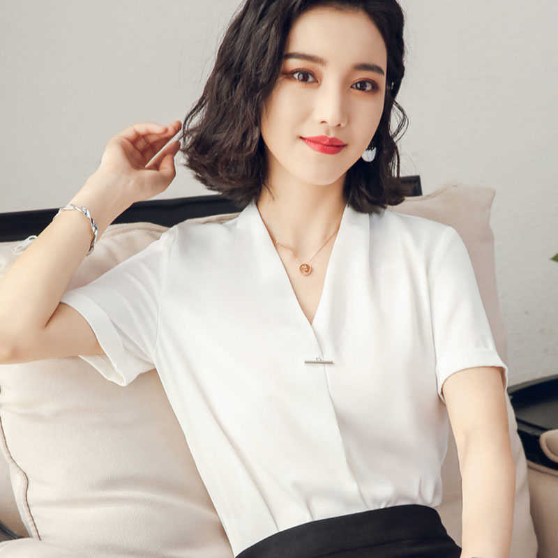 

Office Work Wear OL Women Chiffon Blouses Shirts Lady Casual Short Sleeve V-Neck Blusas Tops DF1843 210609, Champagne