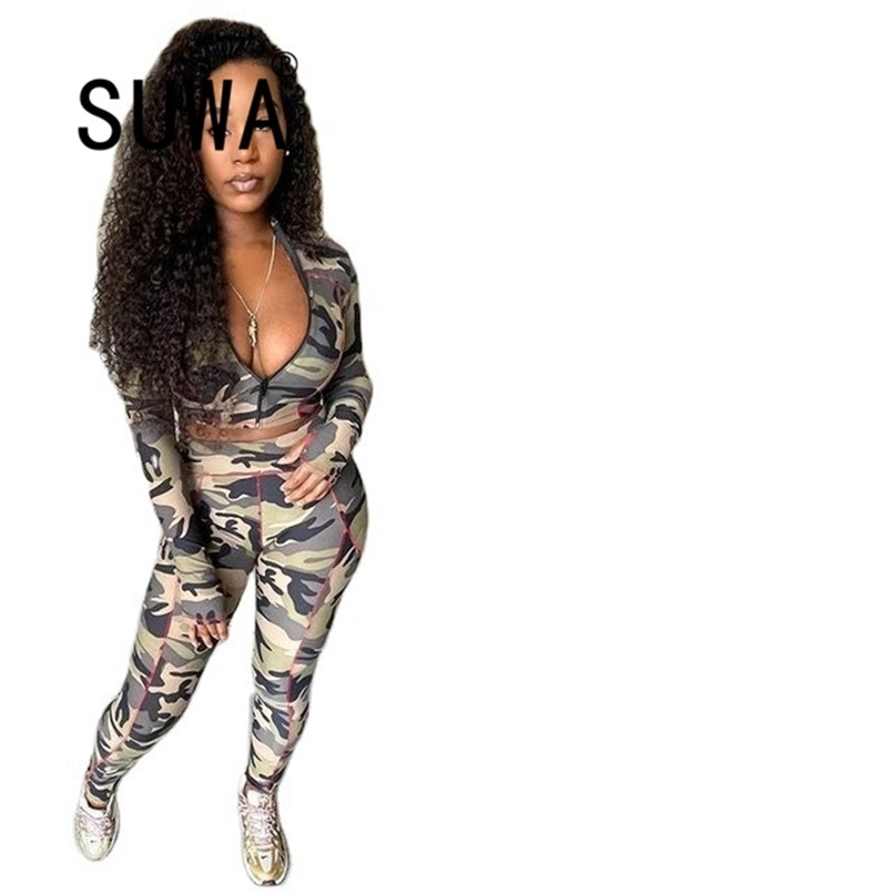 

Womens Tracksuit Camouflage Long Sleeve Print Coat High Waist Skinny Pants Fashion Casual Outfits Joggers Suit Two Piece Sets 210525, Army green