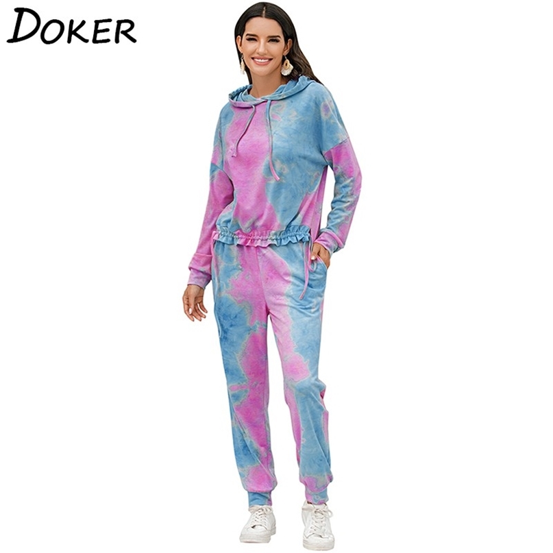 

Tie Dye Fashion Hoodies Long Sleeve Top Pants Two Piece Set Women Autumn Winter Lounge Outfits Jogging Tracksuit Sets Woman 210603, Purple