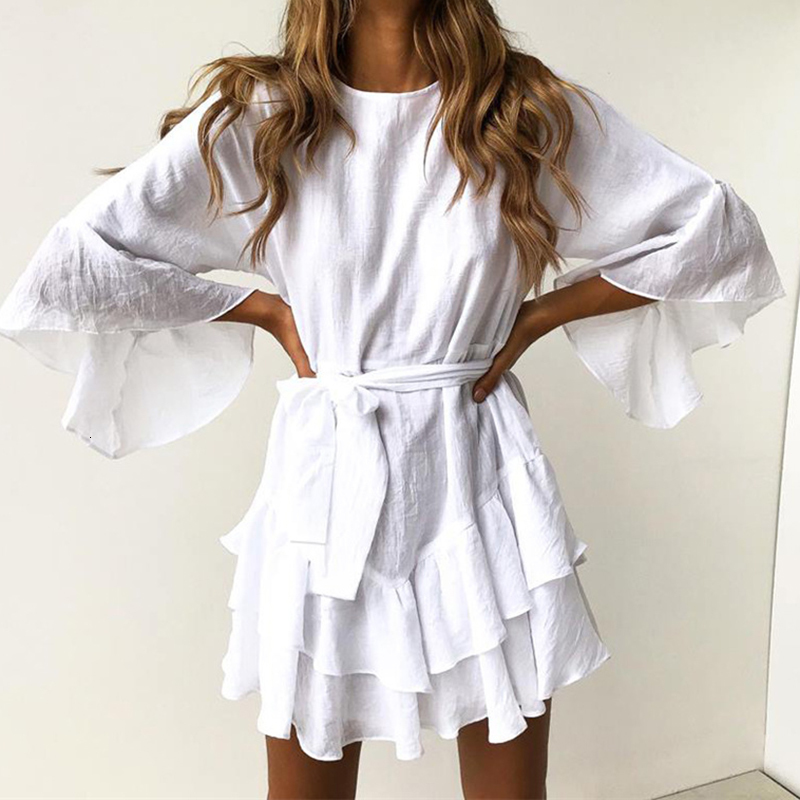 

New Casual Long Sleeve Ruffle Women White Elegant Summer Beach Fashion Ladies Bohemian Lace Up Mini Party Vestidos 2021 2r47, Khaki