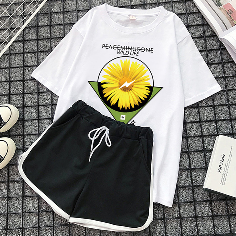 

2021 New Daisy Print Casual Summer Style Loose Fashion Student Short-sleeved Shorts Sportswear 2 Piece Sets Womens 9arc, Orange