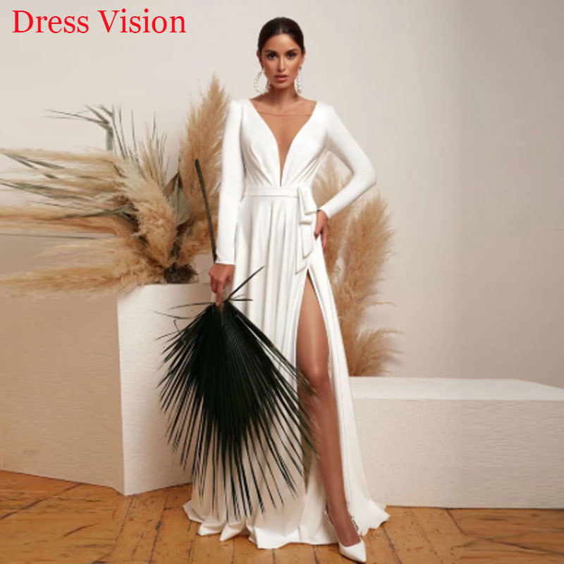 

2021 Satin Wedding Vestidos Vestido Noiva Sexy V-neck Long Sleeves to Be Robe De Mariage Side Slit Bq6o, Same as image