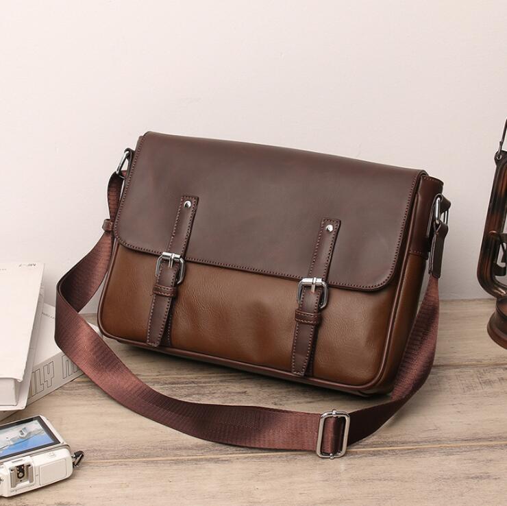 

Outlet mens shoulder bag retro crazy horse leather backpack outdoor sports leisure imitation old men handbag horizontal solid color fashion business briefcase, Coffee