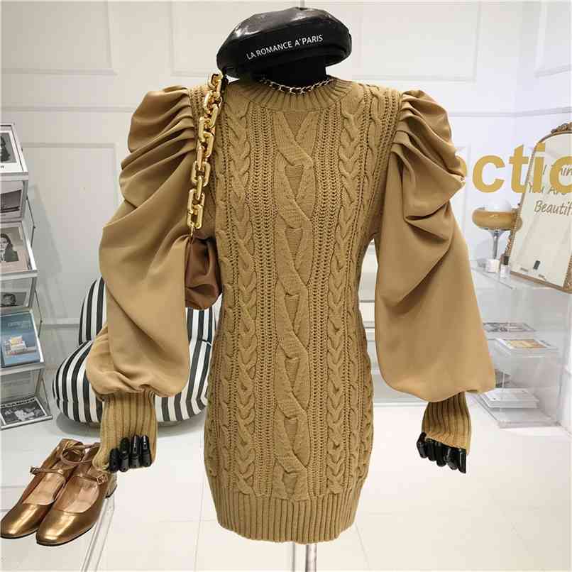 

est Fake two Patchwork Twist Mini Knitted Dress Women Korean Chic Design Ruched Lantern Sleeve Bodycon Pencil 210602, Khaki
