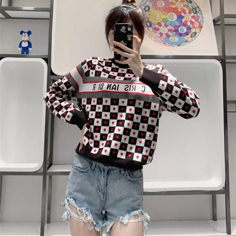

Women' Sweaters High version love checkerboard letters jacquard sweater temperament age reduction jacket