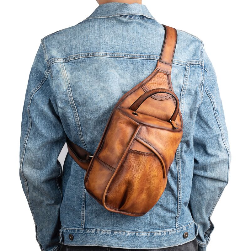 

Fashion Men Chest Bag Male Genuine Leather Crossbody for Pad Mini Cowhde Fanny Packs Sling Shoulder, Khaki