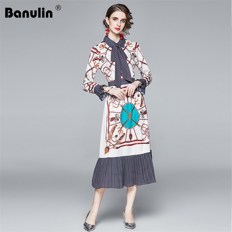 

elegant dress for women dot print bow tie shirt collar flare sleeve runway christmas jurken winter 210603, The picture color