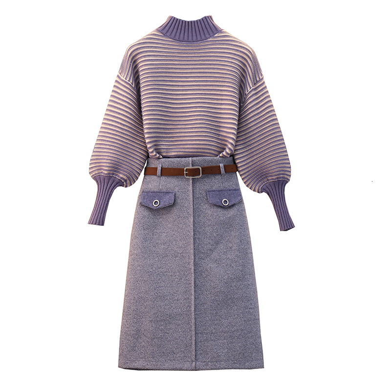 

big, loose-sized female fashion striped bottom sweater temperament was thin autumn skirt and winter two-piece suit qjav, White