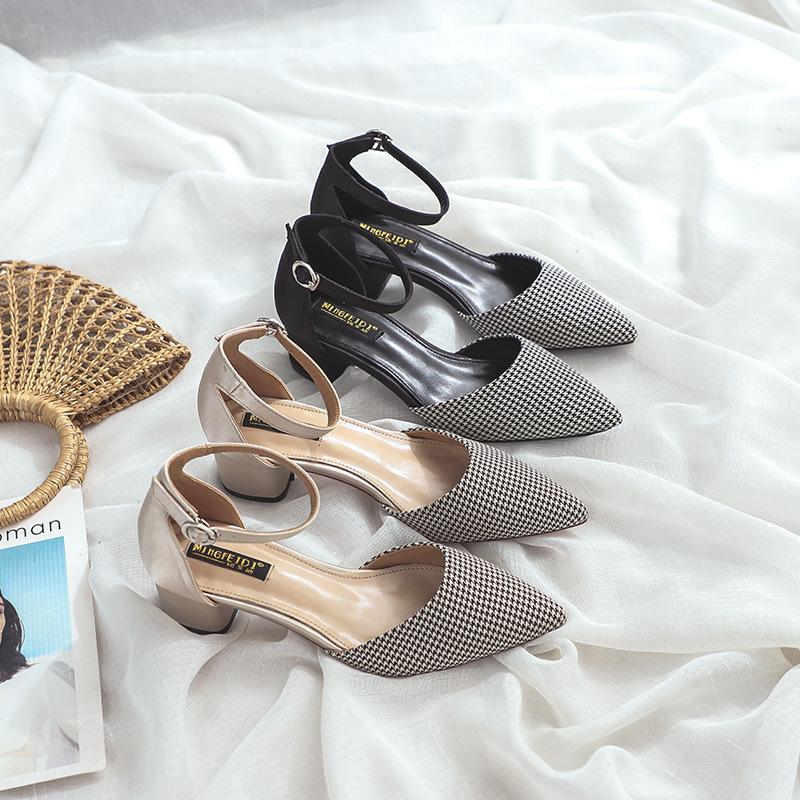

Closed toe sandals thick heels summer woman shoes shallow fairy girl cover heels sandalia feminina pointy toe all match footwear, Black