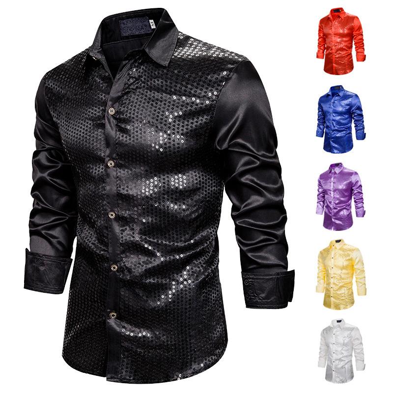 

Men' Dress Shirts Mens Sequin Glitter Silk Satin Black Shirt 2021 Long Sleeve Button Down Disco Stage Prom Nightclub Party Costume, White