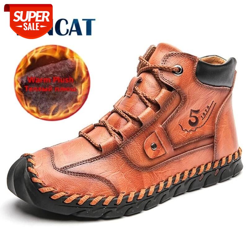 

Brand Winter Men's Boots Handmade Men's Ankle Boots Plush Warm Snow Waterproof Leather Motorcycle #zU9l