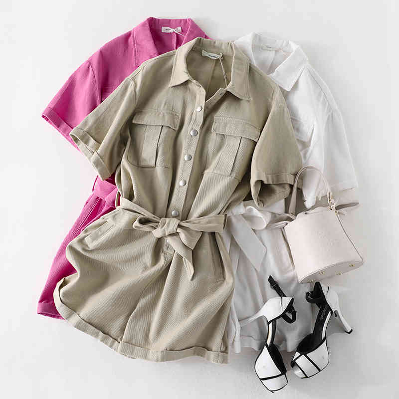 

summer style cotton twill ~ waist belt jumper shorts women's early 210525, White