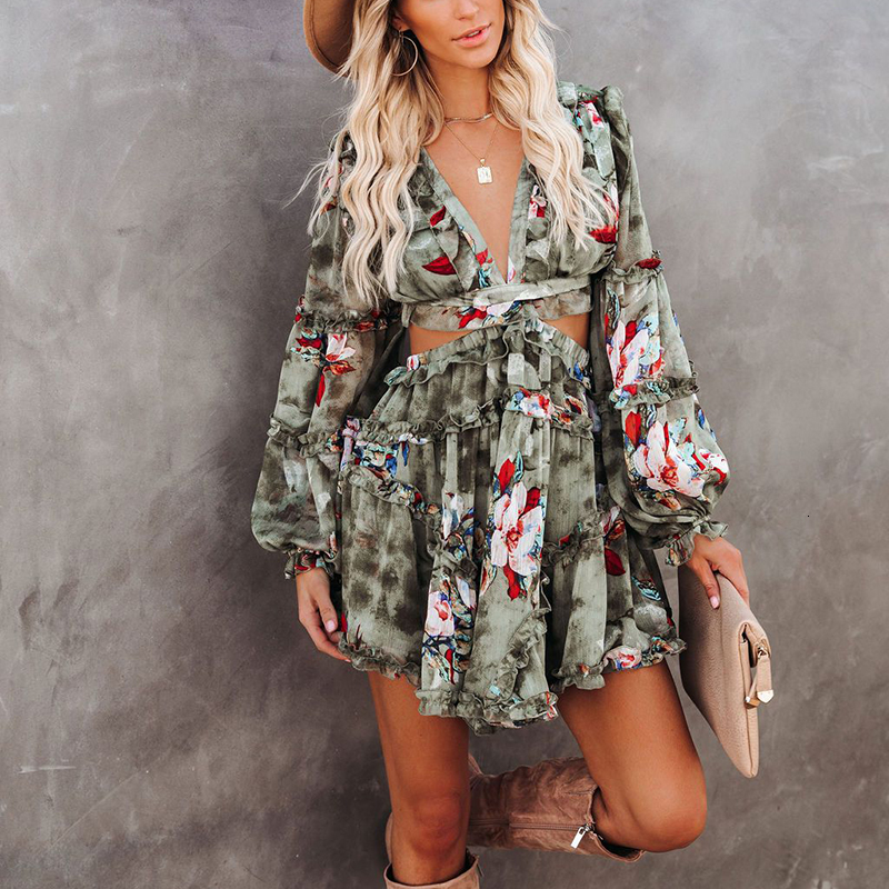 

2021 New Spring Floral Print Backless Ruffle Women Casual Long Sleeve Summer Beach Female Drawstring Lace Up Party Vestidos Viwm, As picture