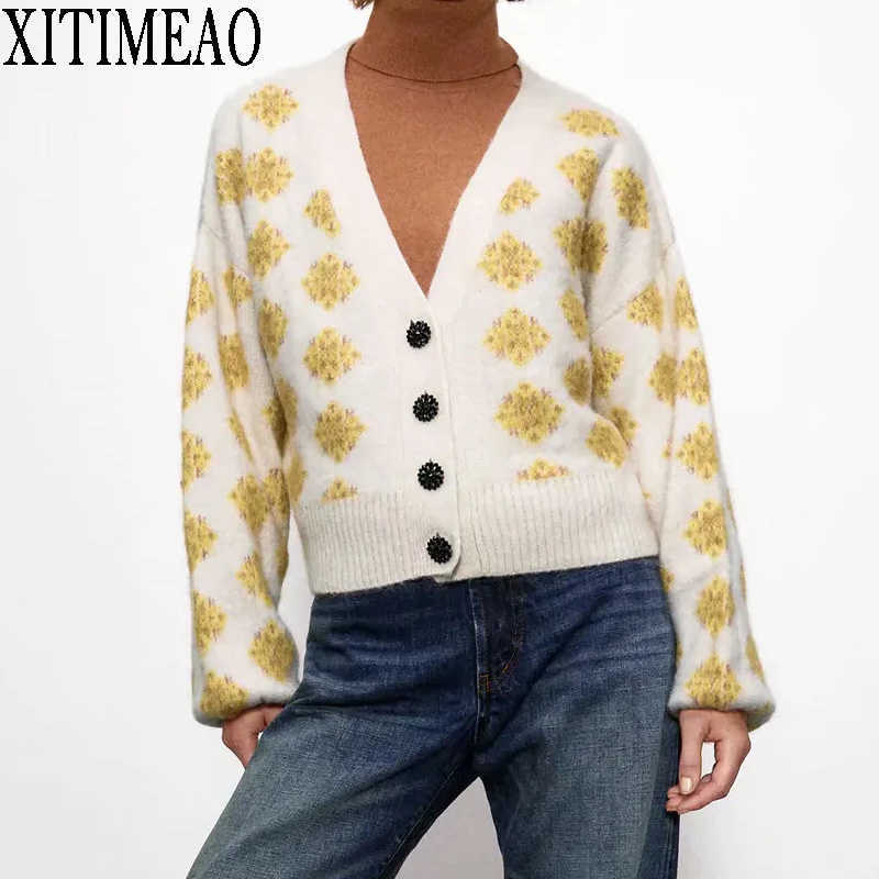 

ZA Women Flower Jacquard Knitted Sweater Casual Houndstooth Lady Female Autumn Winter Retro Cardigan 210604, As picture