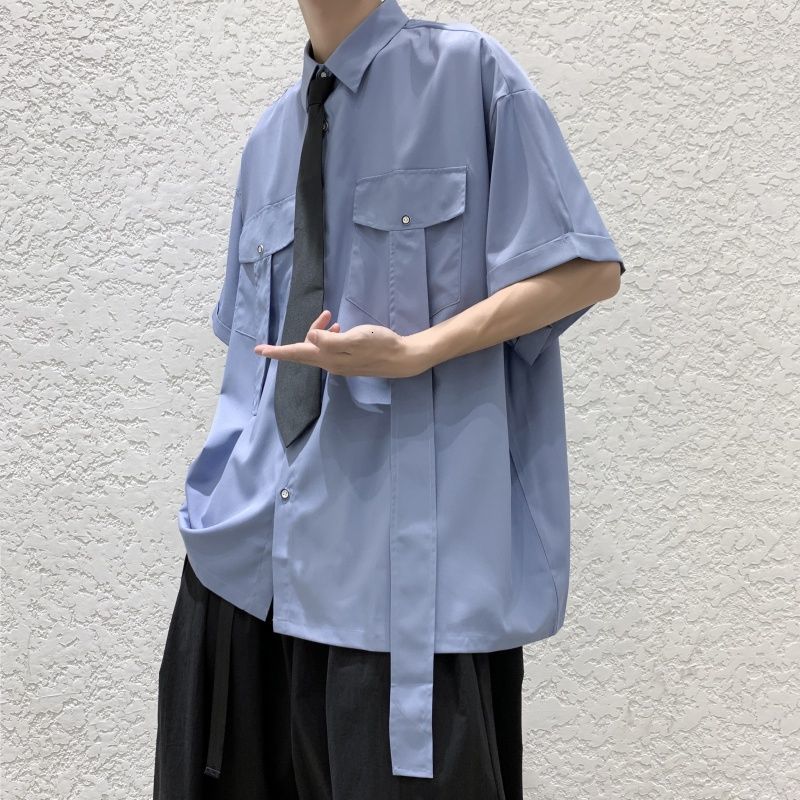 

2021 New Men's Give Tie Ribbon Decorate Hawaiian Fashion Short Sleeve Temperament Shirt Camisa Social Masculina Streetwear Shirts 9997, Blue tie