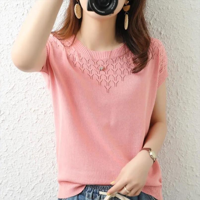 

large size 4xl knit womens sweater t shirt women solid colors hollow out basic tee summer thin round neck knitwear, White;black