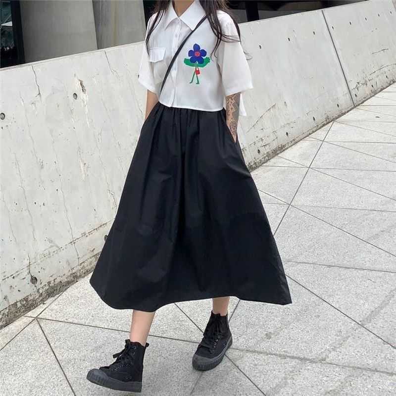

Preppy style sweet Japanese flower shirt + cargo skirt women student two-piece long dress Korean fashion suit summer streetwear 210526