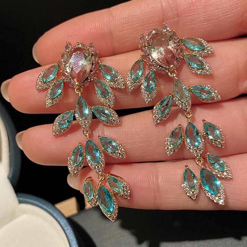 

Hoop & Huggie Luxury Lake Blue Green Zircon Earrings For Women 2021 Leaf Water Drop Long Trendy Fashion Jewelry Gift Wholesale