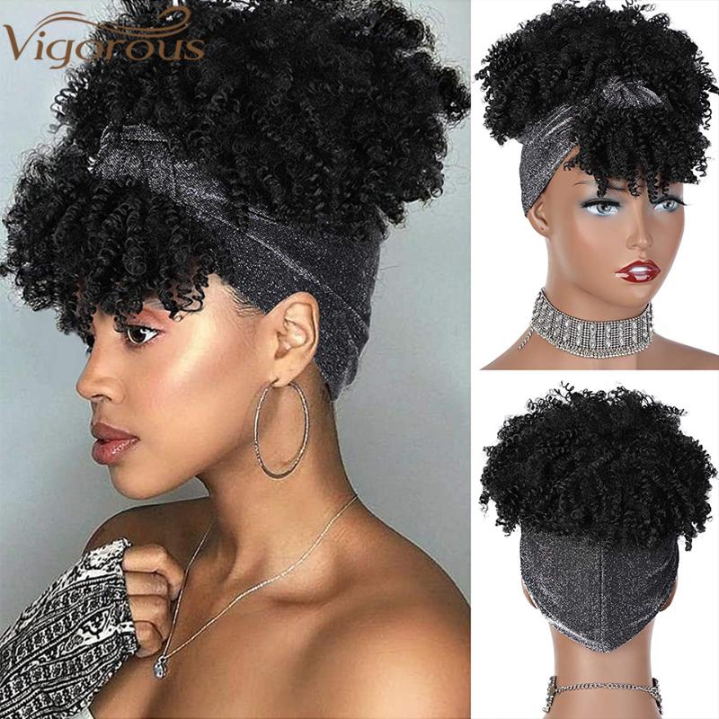 

Synthetic Wigs Vigorous Headband Short Black Kinky Curly Wig With Bangs Afro Puff For Women Silver Turban Head Wrap, Red no bangs