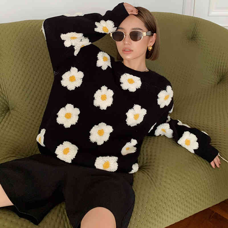 

Women's Sweaters knitted sweater with daisies, casual long sleeve streetwear for women, black coat flowers S6S4, 1# packing bag