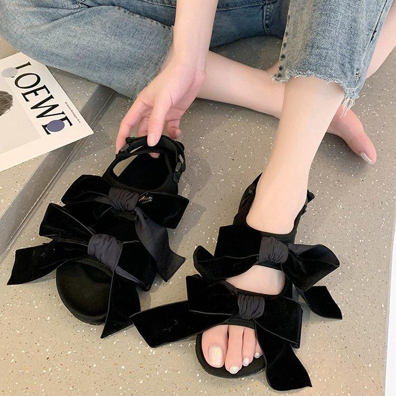 

Sandals 2021 Summer Casual Women Shoes Chic Velvet Bow Peep Toe Low Heel Sandalias Designer Comfy Flat, Black