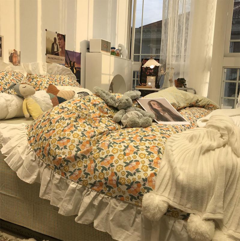 

European pastoral yellow floral bedding set,comfortable cotton  full queen home textile bed sheet pillow case quilt cover, Picture color