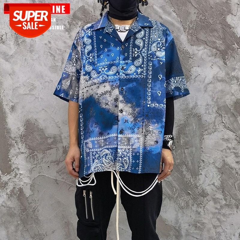 

TKPA Retro Tie Dye Cashew Flower Short Sleeve Shirt Male Hip Hop Loose Casual Half Couple #Bq90, White;black