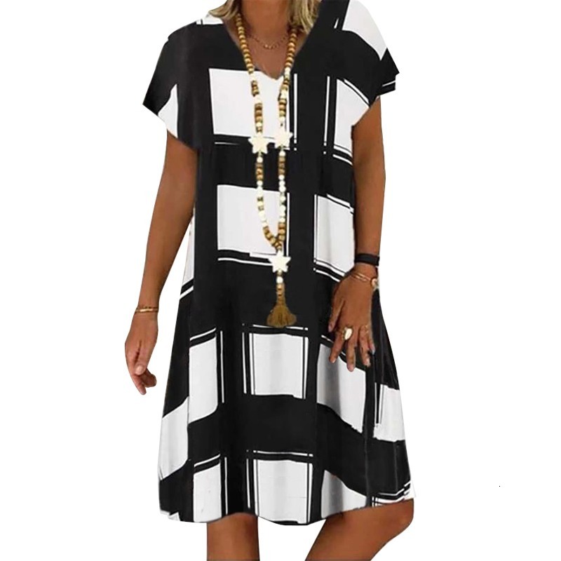 

2021 New Summer Lattice Print Casual Women' V-neck Short Sleeve Vintage Es for Women Plus Size Beach Boho Midi Pquu, Black
