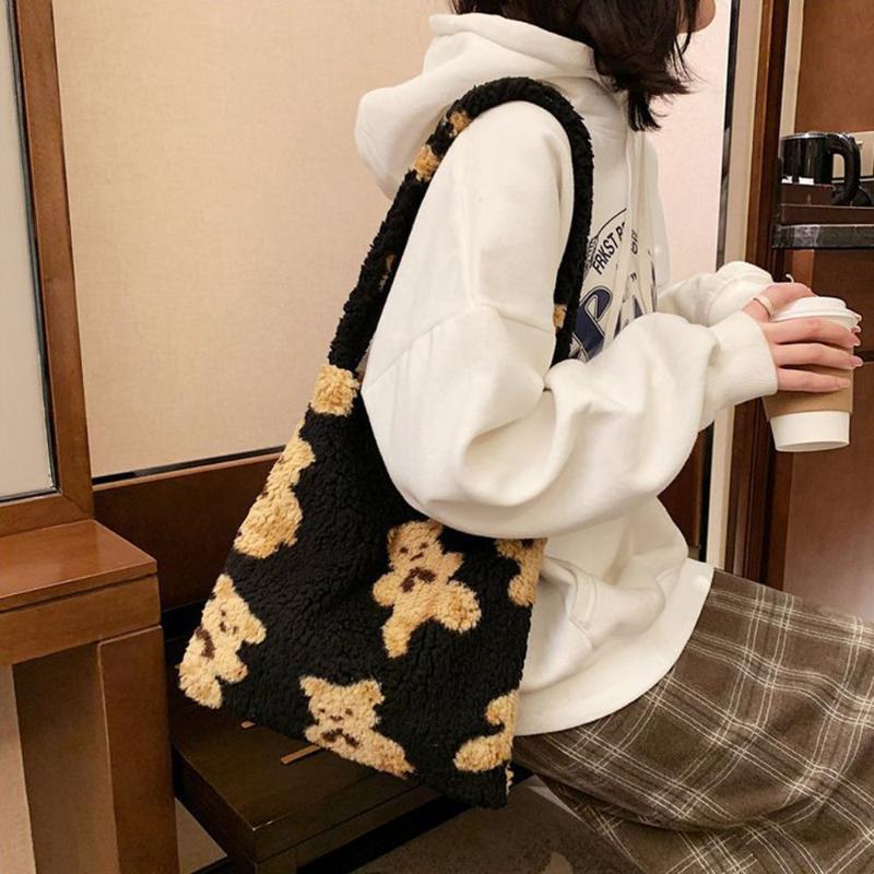

School Bags Women's Girls Fluffy Shoulder Bag Cute Bear Print Top-handle Female Autumn Winter Handbag Plush Tote Fashion Shopping, Black