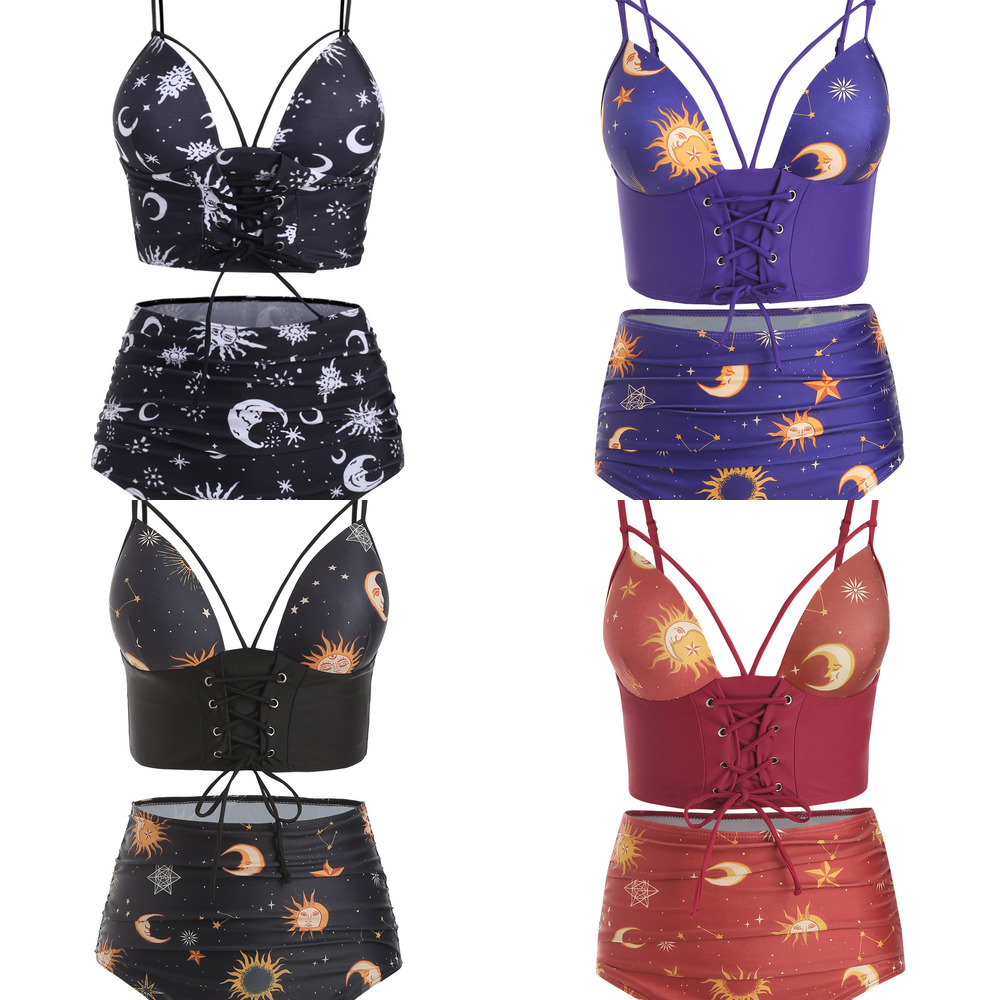 

Wipalo Lace Up Ruched Sun And Moon Tankini Sets Wire Free Swimwear Women Summer 2019 Lace Up High Waist Swimsuits Beach L0223, White;black