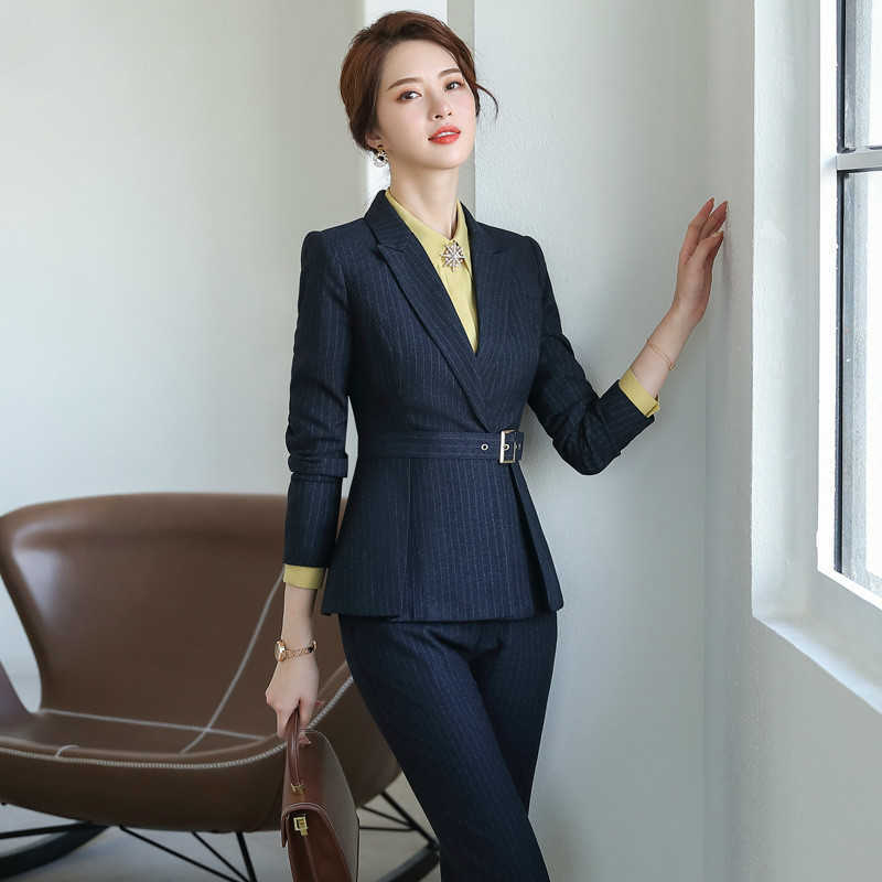 

Women's suit set high quality Pants Long sleeve striped winter jacket female Two-piece slim trousers Career office 210527, Skirt suit blue stri