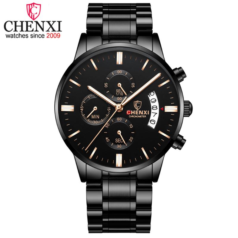 

Wristwatches CHENXI Top Brand Mens Watches Luxury Fashion Chronograph Full Steel Sport Quartz Watch Men 24 Hour Date Waterproof Wrist, Black gold leather