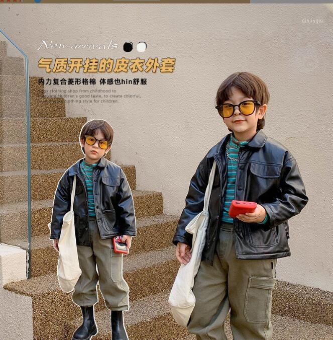 

Jackets 2021 Wholesale Girls Boys Pu Leather Thicken Coat Winter Cotton Full Sleeve Kids Jacket 1-7 Years PW138, Blue;gray