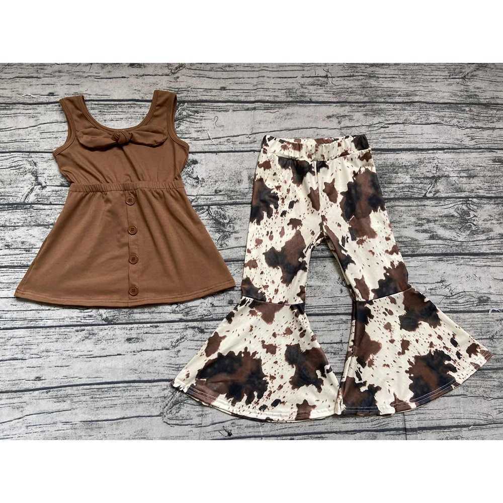 

Kids clothes sets fashionable bow tunic bell bottom pants cow print baby girls summer boutique children outfits infant clothing P0831, As picture