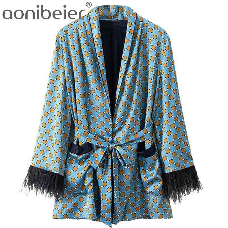 

Feather Cuff Sleeves Geometric Print Women Casual Kimono Jackets Summer Patch Pockets Open Front Female Loose Tops 210604, Blue pants
