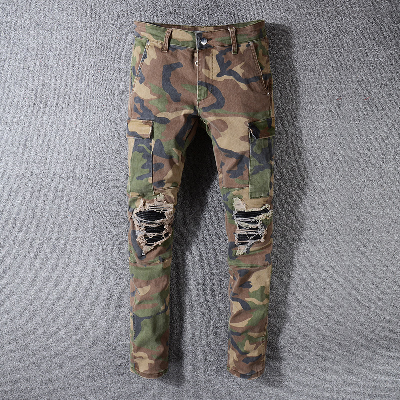 

2021 New Americano Streetwear Moda Masculina Jeans Camuflagem Militar e Bolso Denim Calas De Carga Magro Ajuste Hip Hop Rasgado Punk Fc67, Camouflage