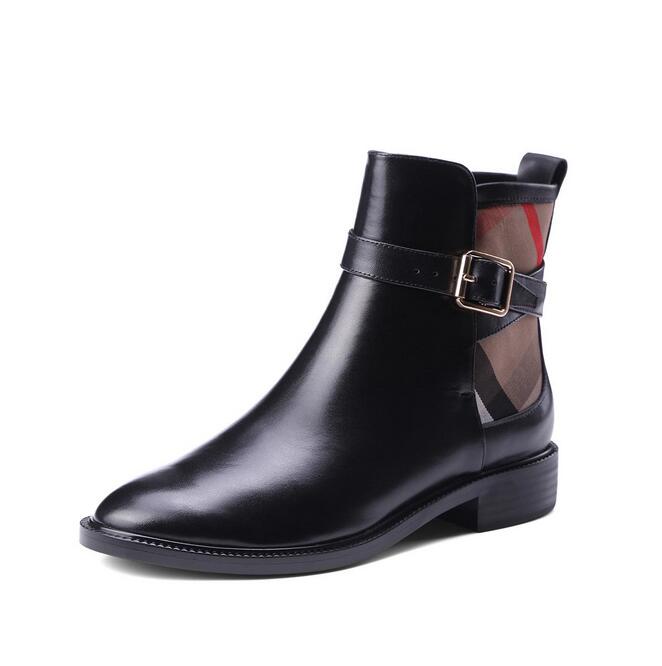 

Genuine Leather casual boots women shoes Martin boot stitching Upper is imported calfskin Plaid stripe lady Short booties with Box, Black