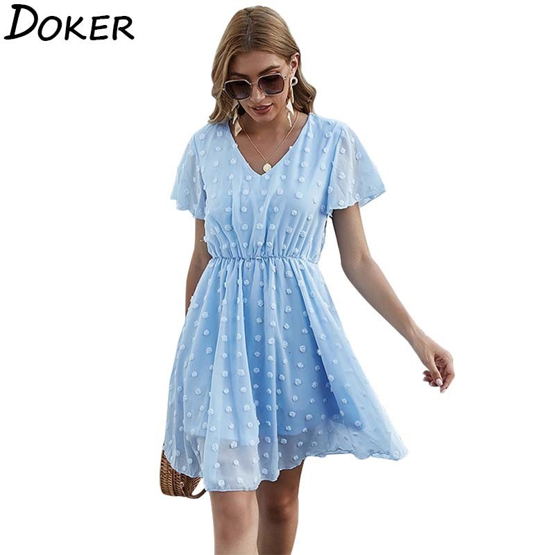 

2021 New Chiffon Mini Women Summer Fashion V-neck Short Sleeve Plus Size Casual Boho Beach Elegant Ladies Party Es Vestidos Ghxg, Blue