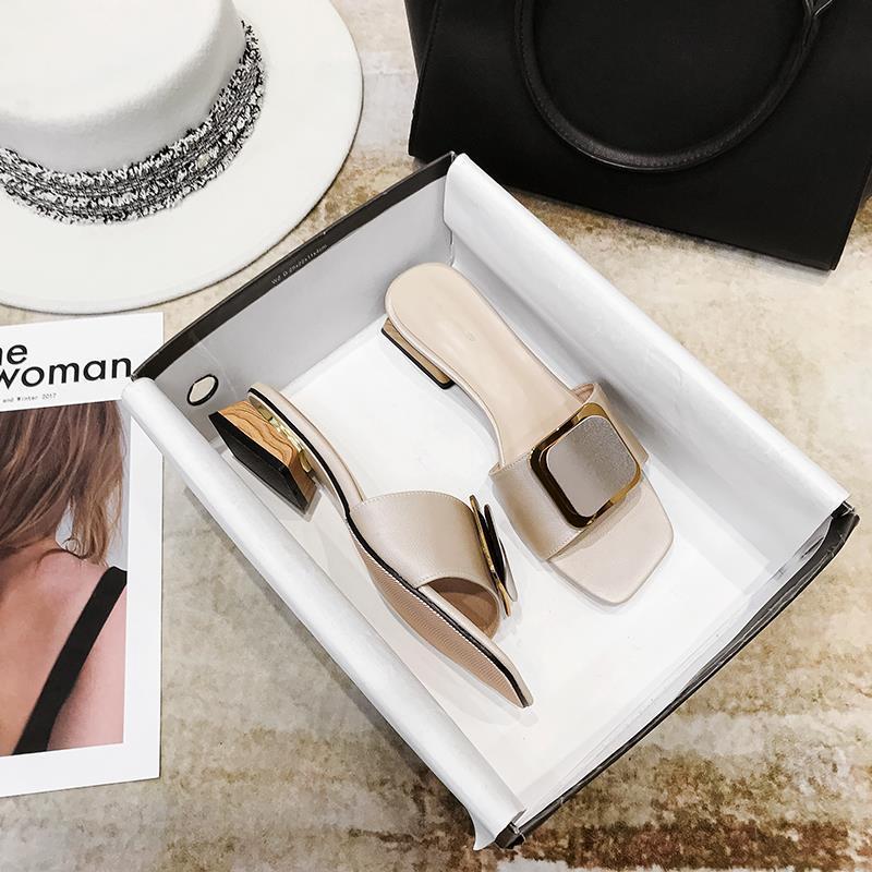 

Slippers Summer Outing Fashion Mid-Heel Sandals And Slippers, Women'S Heels, Thick-Heeled Shoes Flip Flops, Apricot