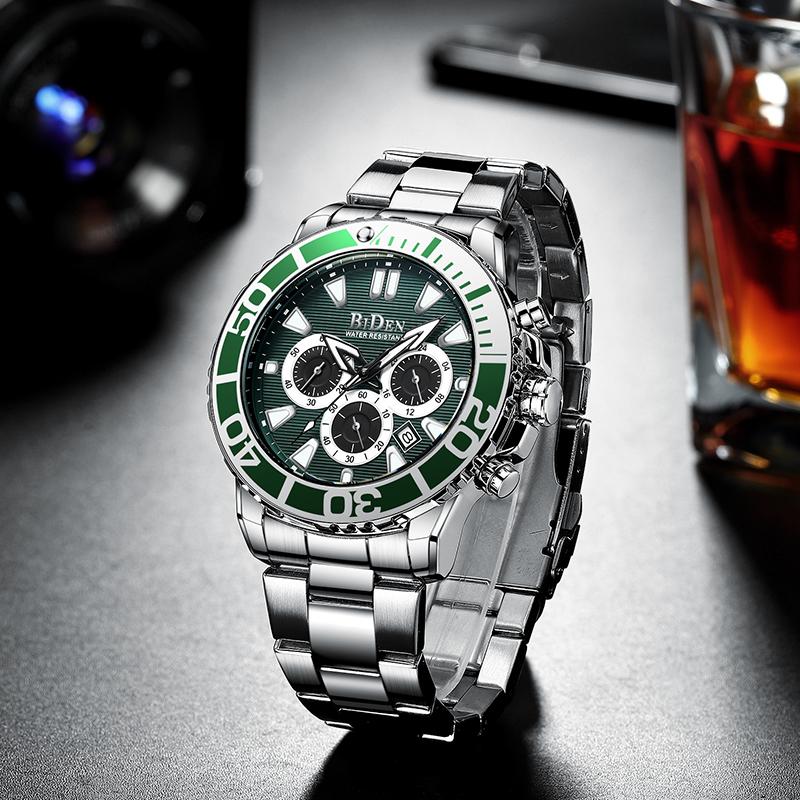 

Wristwatches BIDEN Men's Watch, Analog Quartz, Waterproof Date, Chronograph, Stainless Steel, Fashion Business, Watch, Silver